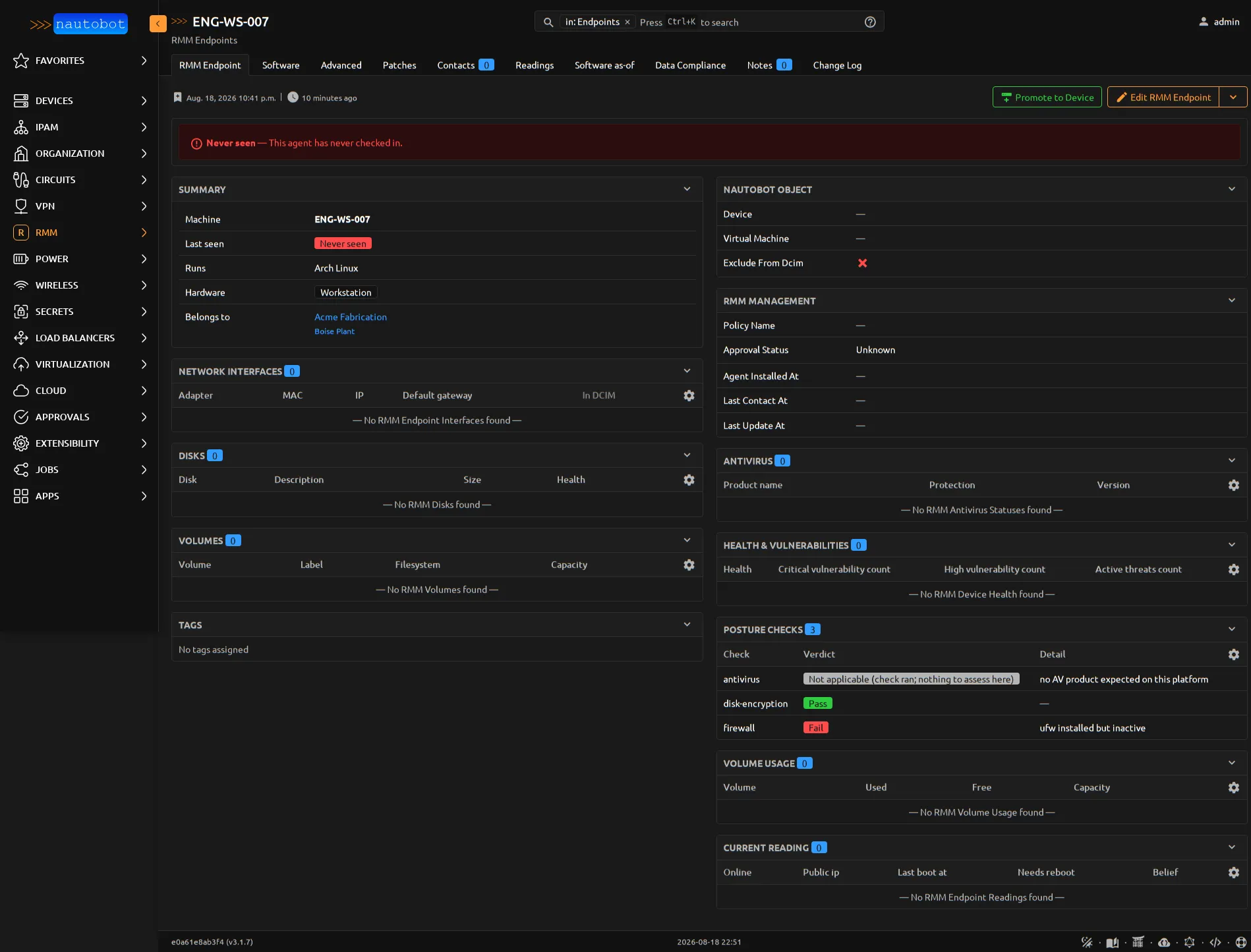 An endpoint detail page in Nautobot with the security posture panel showing per-check verdicts