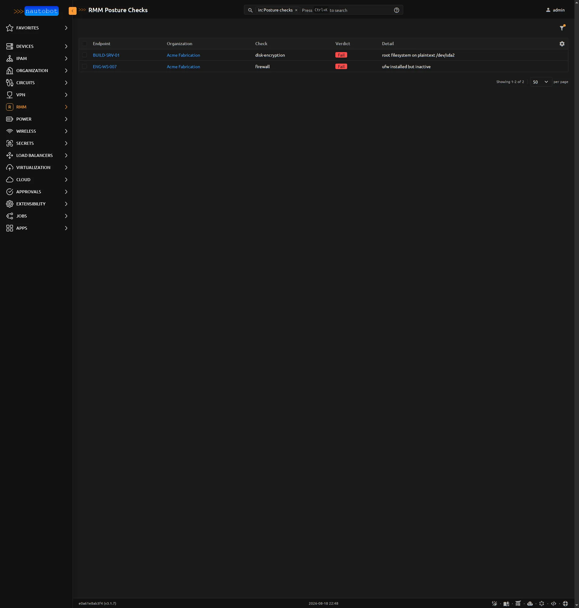 Filtering the posture list to failing=true, showing only endpoints with an explicit fail verdict