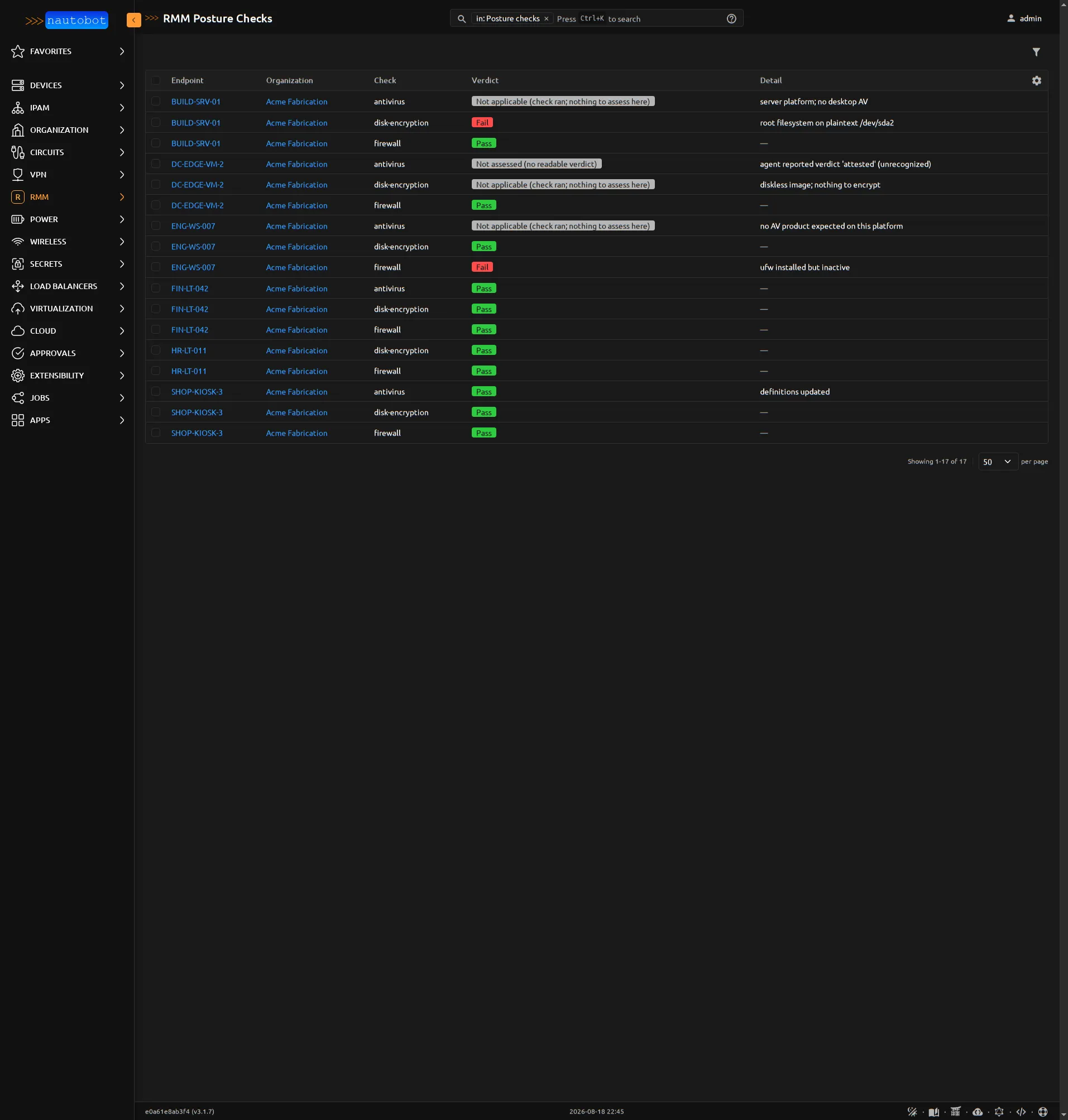 Nautobot’s posture check list after a sync, one row per endpoint and check with pass, fail, and not-applicable verdicts